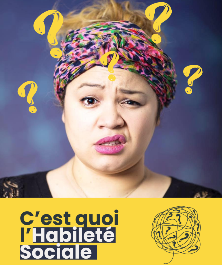 C'est quoi l'habileté sociale ? Femme avec un foulard coloré, expression interrogative et arrière-plan jaune.